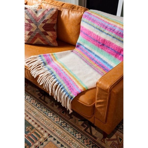 FREE PEOPLE Fringe Throw Blanket Skye Pink Blue White Stripes - Picture 3 of 8